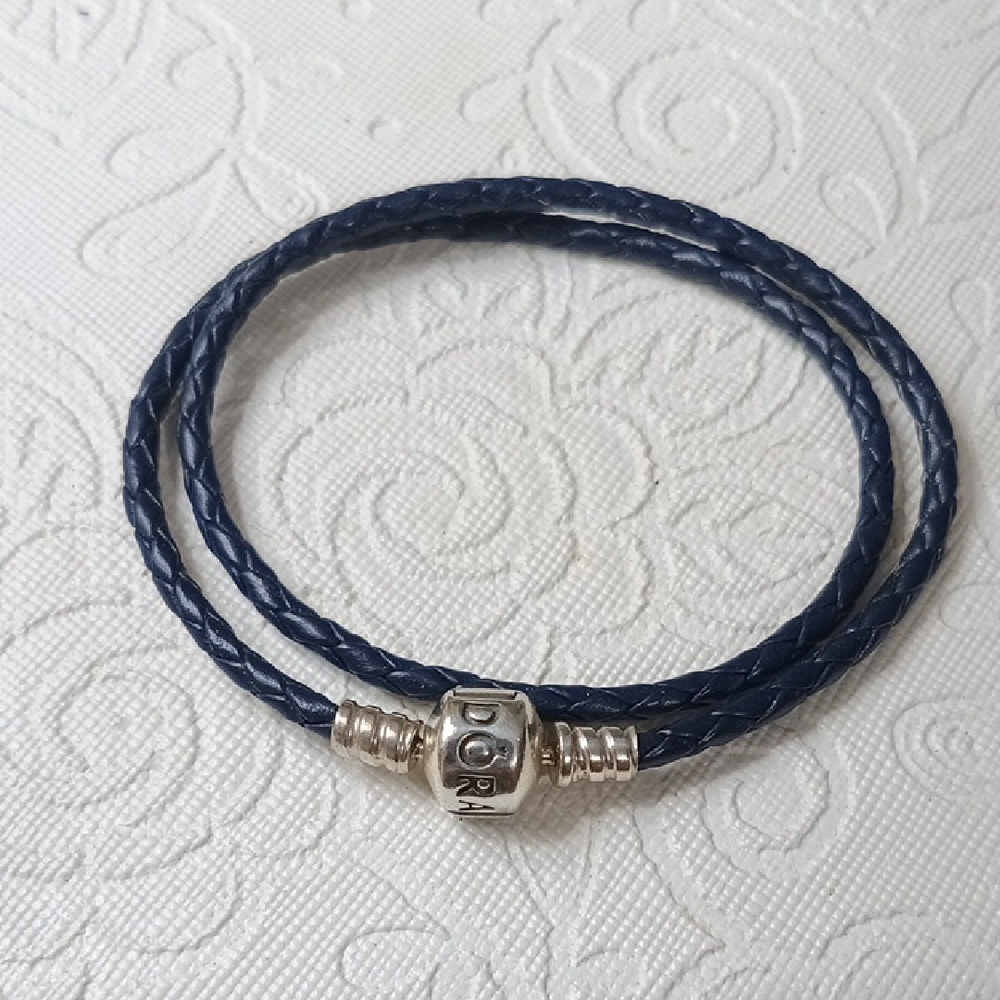 Pandora Dark Blue Braided Double Wrap Leather Bracelet with Silver Clasp